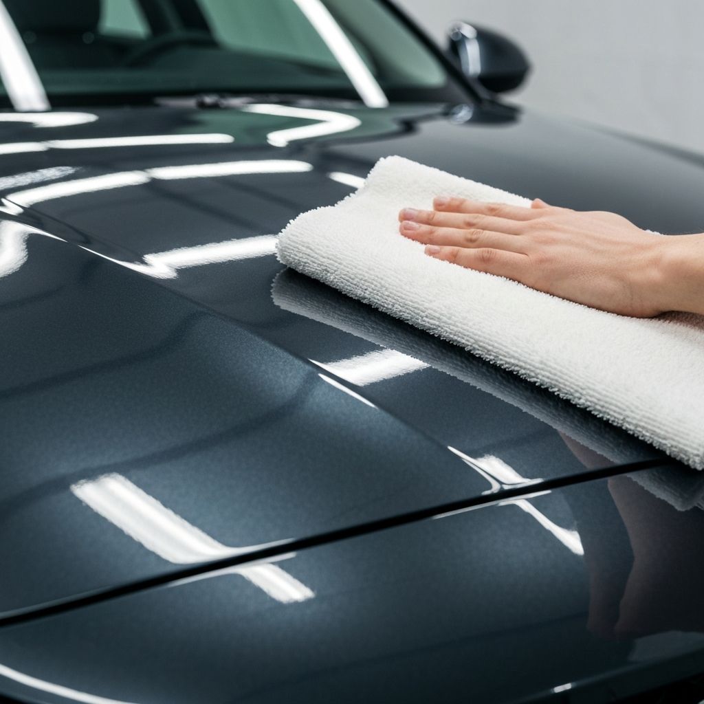 Close-up of a car hood being hand polished to a mirror-like shine using a microfiber cloth